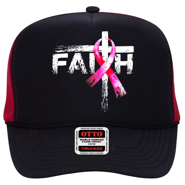 Faith Christian Cross Jesus Pink Ribbon Breast Cancer High Crown Mesh Trucker Hat