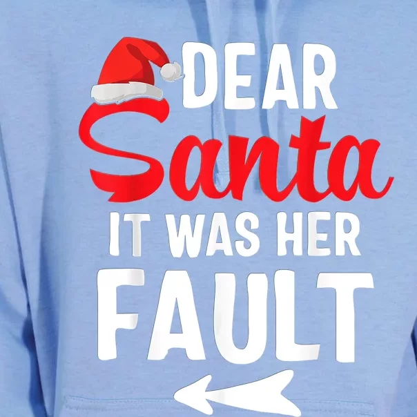 Funny Christmas Couples Shirts Dear Santa It Was Her Fault Unisex Surf Hoodie