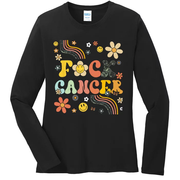 F Ck Cancer Groovy Retro Flower Awareness Against Cancer Ladies Long Sleeve Shirt