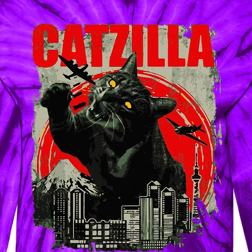 Funny Cat Catzilla Tie-Dye Long Sleeve Shirt