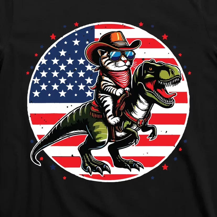 Funny Cowboy Cat Riding Dinosaur Usa Flag Trex 4th Of July T-Shirt