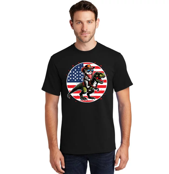 Funny Cowboy Cat Riding Dinosaur Usa Flag Trex 4th Of July Tall T-Shirt