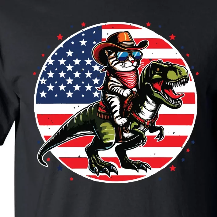 Funny Cowboy Cat Riding Dinosaur Usa Flag Trex 4th Of July Tall T-Shirt