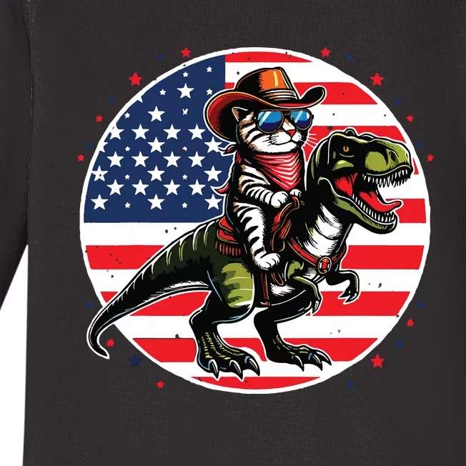 Funny Cowboy Cat Riding Dinosaur Usa Flag Trex 4th Of July Baby Long Sleeve Bodysuit