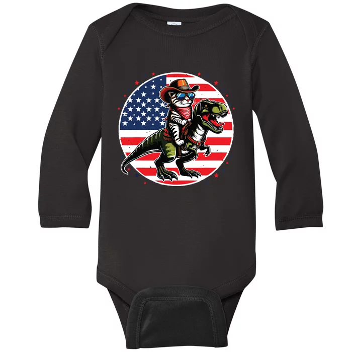 Funny Cowboy Cat Riding Dinosaur Usa Flag Trex 4th Of July Baby Long Sleeve Bodysuit