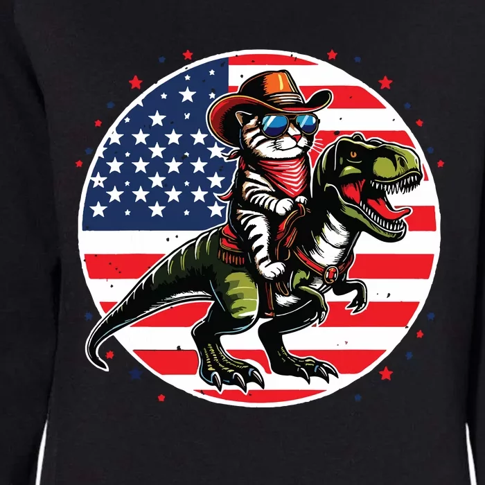 Funny Cowboy Cat Riding Dinosaur Usa Flag Trex 4th Of July Womens California Wash Sweatshirt