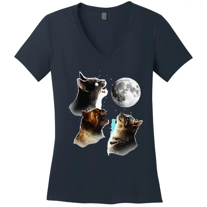 Funny Cat Cats Meowling At Moon Cat Lover Women's V-Neck T-Shirt