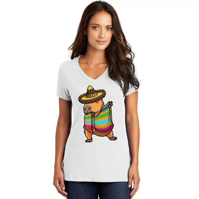 Funny Capybara Cinco De Mayo Rodent Dab Mexican Gift Women's V-Neck T-Shirt