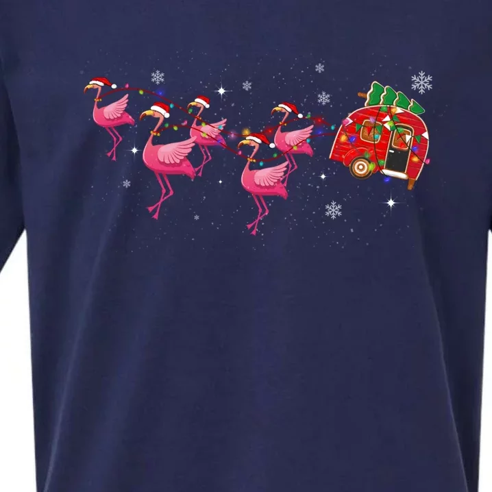 Flamingo Camper Christmas Santa Hat Glamping Xmas Celebrate Gift Sueded Cloud Jersey T-Shirt