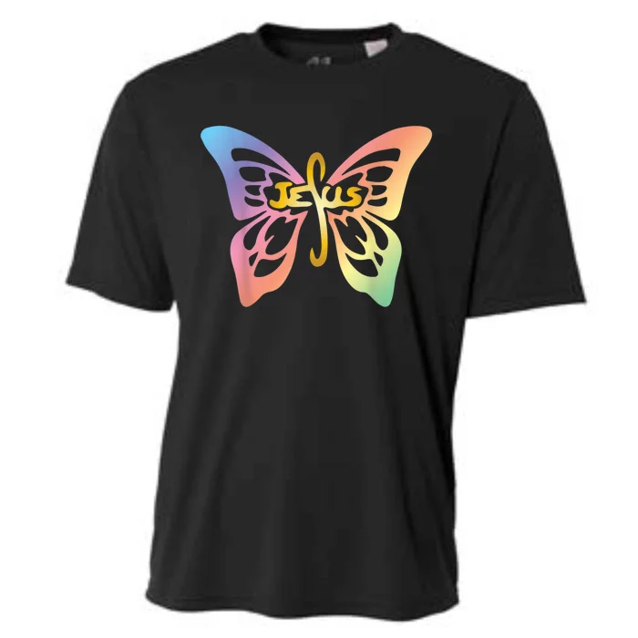 Faith Cross Christian Butterfly Words Jesus Inspirational Cooling Performance Crew T-Shirt