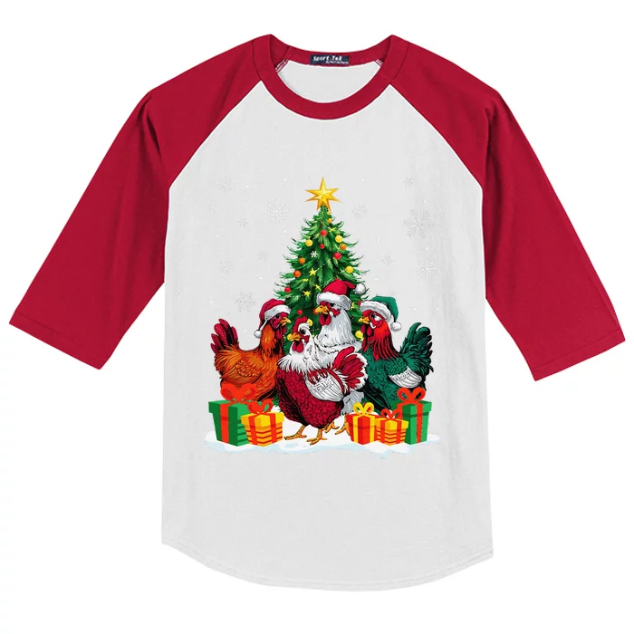 Funny Chicken Christmas Lights Tree Santa Hat Snowflakes Kids Colorblock Raglan Jersey