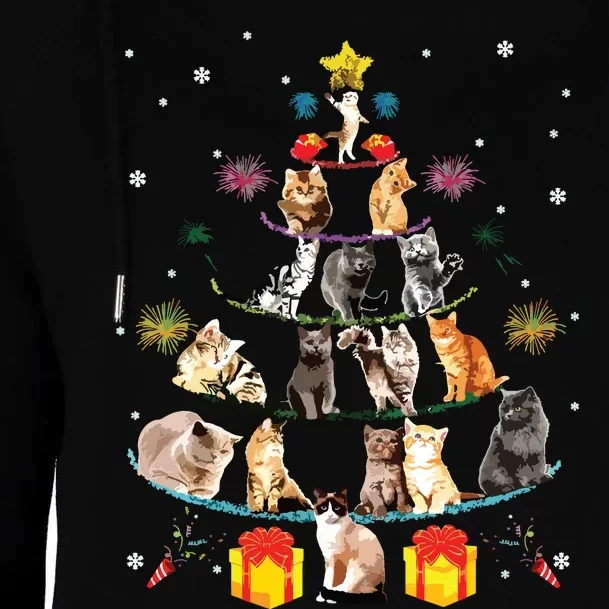 Funny Cats Christmas Tree Meowy Xmas Cats Tree Lights Gift Womens Funnel Neck Pullover Hood