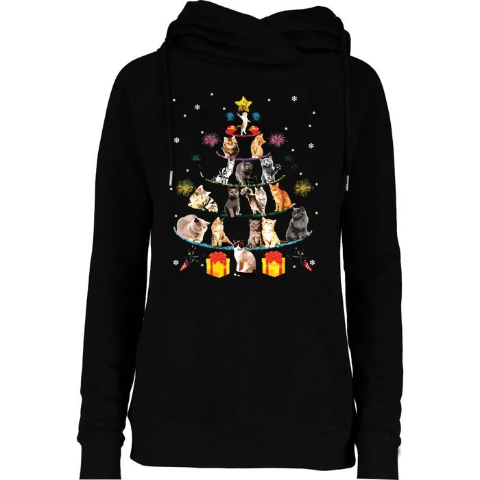 Funny Cats Christmas Tree Meowy Xmas Cats Tree Lights Gift Womens Funnel Neck Pullover Hood