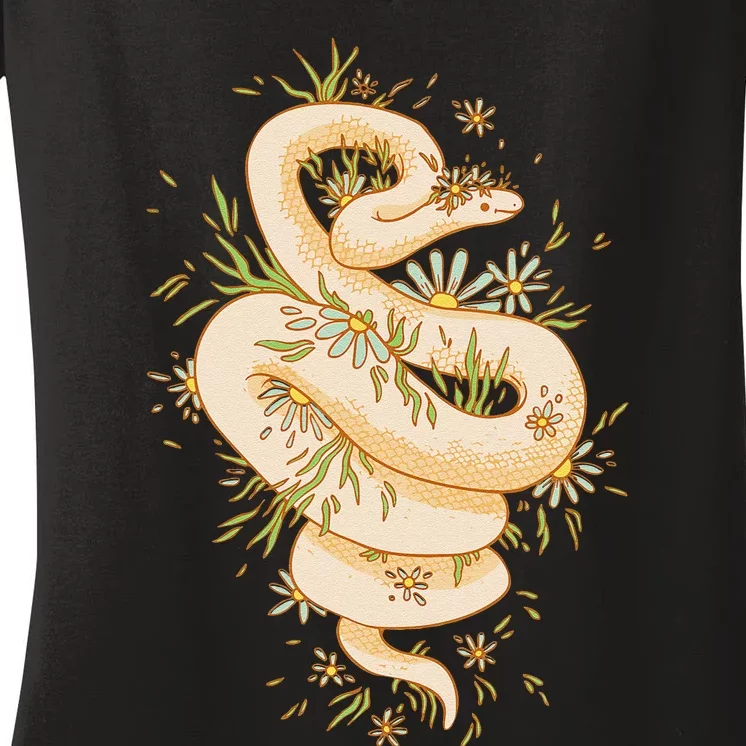 Funny Cute Cottagecore Aesthetic Snake Floral Women's V-Neck T-Shirt