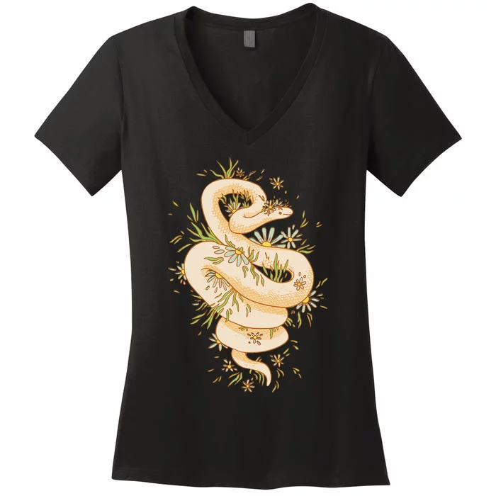 Funny Cute Cottagecore Aesthetic Snake Floral Women's V-Neck T-Shirt