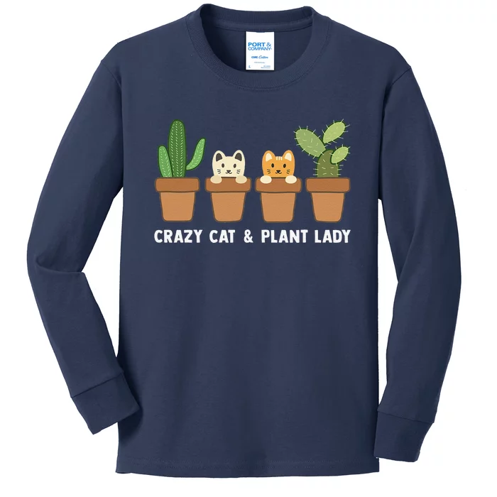 Funny Crazy Cat & Plant Lady Cactus Pet Lover Mom Gag Outfit Kids Long Sleeve Shirt