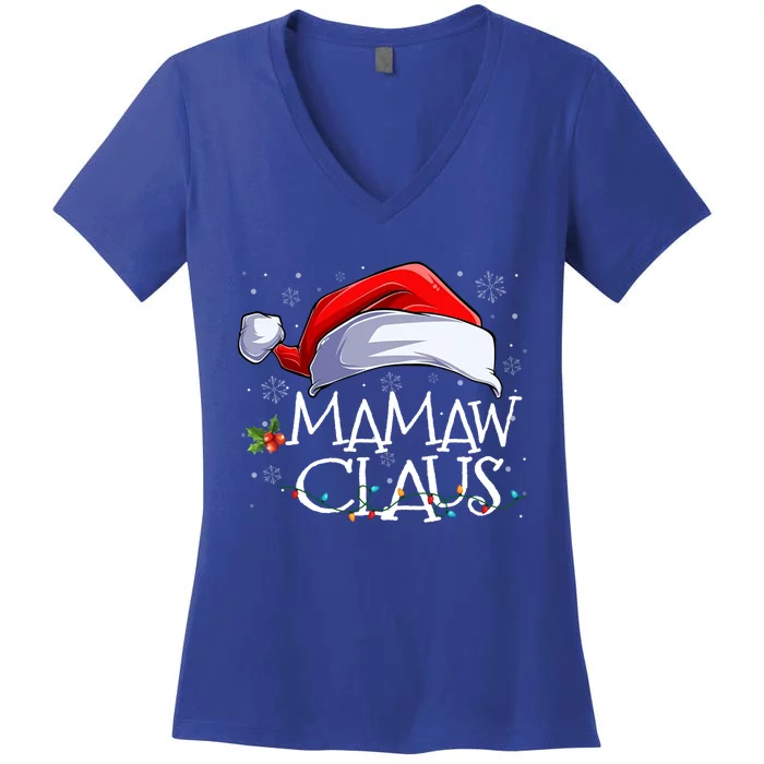 Funny Christmas Cute Hat Santa Mamaw Claus Family Pajamas Cute Gift Women's V-Neck T-Shirt