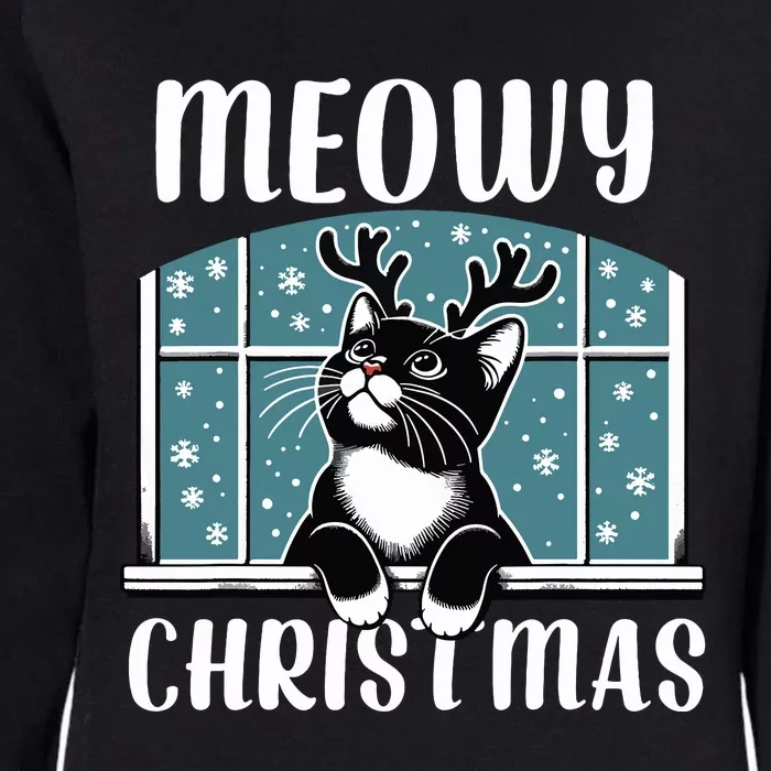 Funny Christmas Cat Reindeer Antlers Meowy Christmas Womens California Wash Sweatshirt