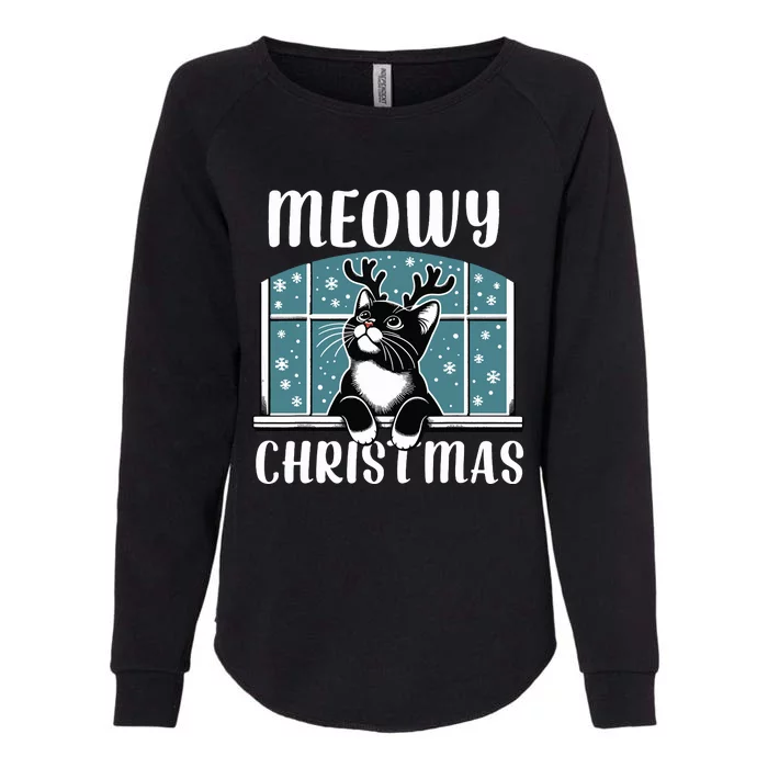 Funny Christmas Cat Reindeer Antlers Meowy Christmas Womens California Wash Sweatshirt