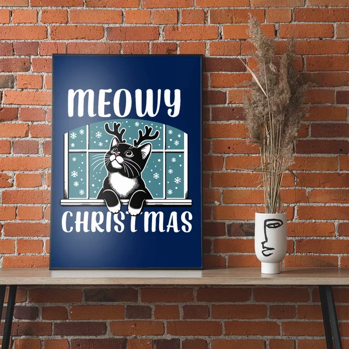 Funny Christmas Cat Reindeer Antlers Meowy Christmas Poster