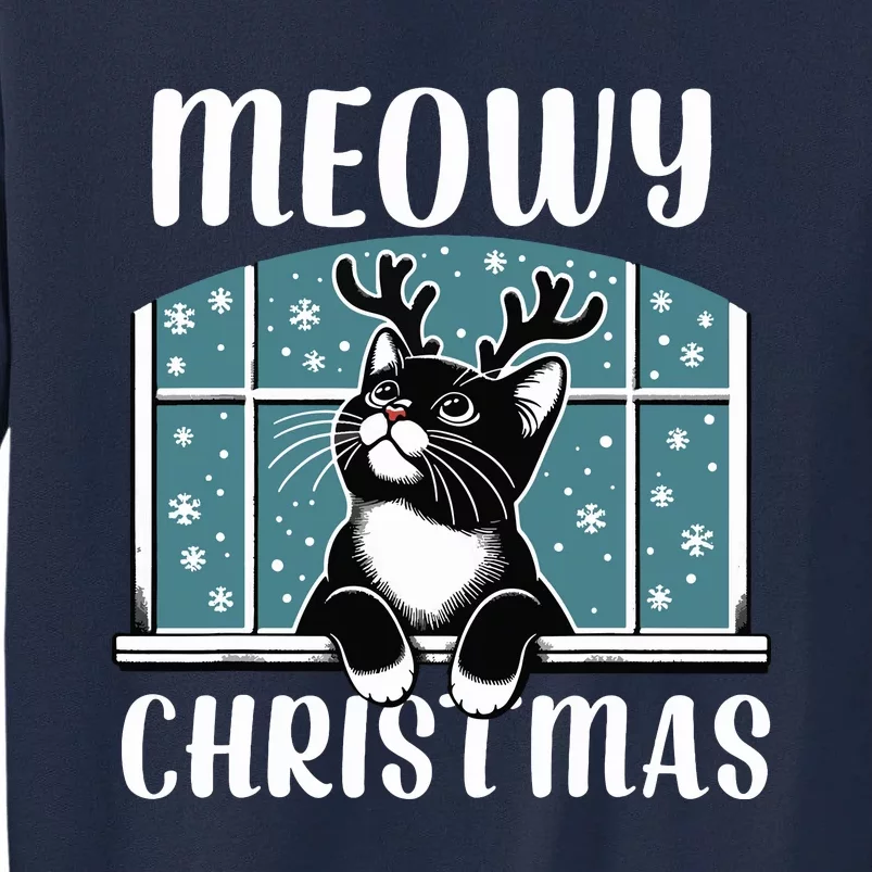 Funny Christmas Cat Reindeer Antlers Meowy Christmas Tall Sweatshirt