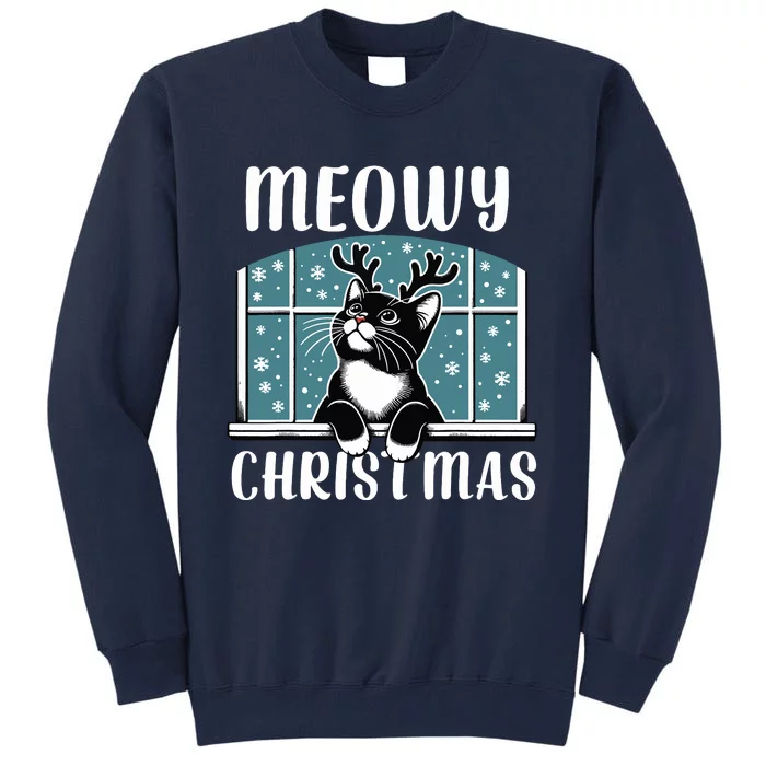 Funny Christmas Cat Reindeer Antlers Meowy Christmas Tall Sweatshirt