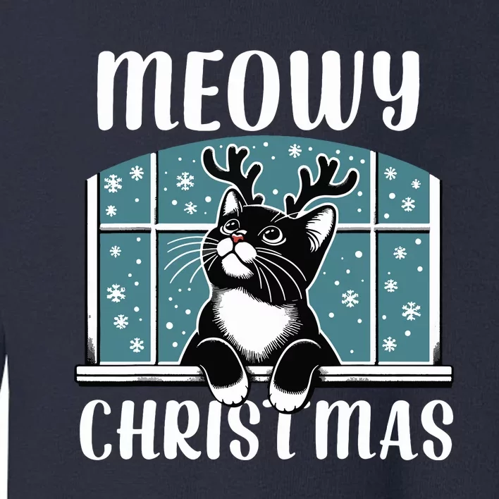 Funny Christmas Cat Reindeer Antlers Meowy Christmas Toddler Sweatshirt