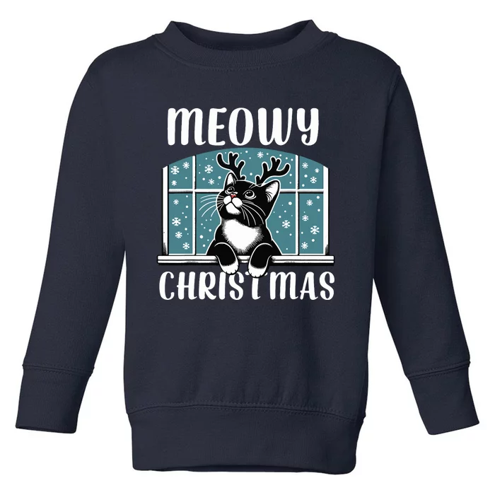 Funny Christmas Cat Reindeer Antlers Meowy Christmas Toddler Sweatshirt