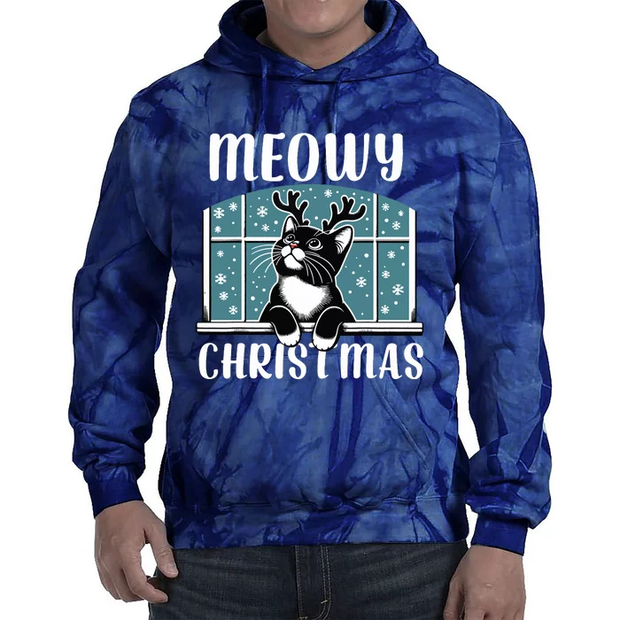 Funny Christmas Cat Reindeer Antlers Meowy Christmas Tie Dye Hoodie