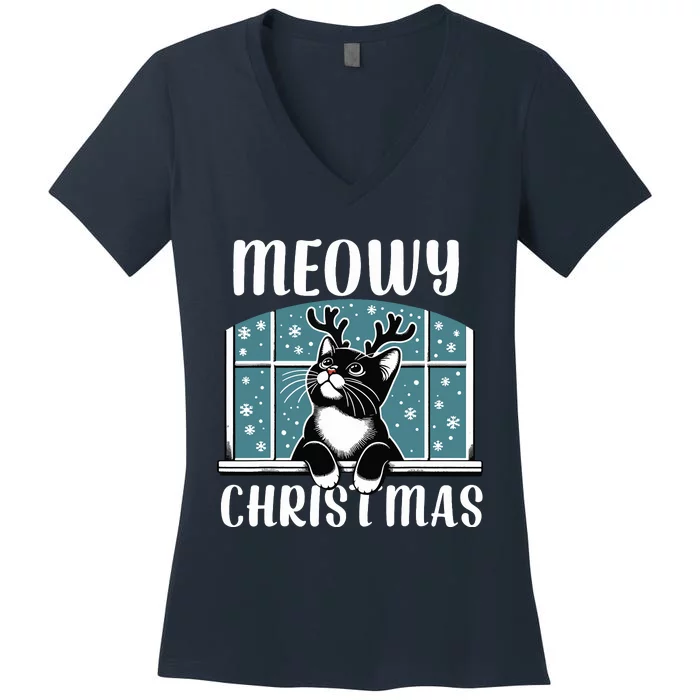 Funny Christmas Cat Reindeer Antlers Meowy Christmas Women's V-Neck T-Shirt