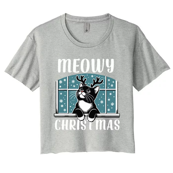 Funny Christmas Cat Reindeer Antlers Meowy Christmas Women's Crop Top Tee