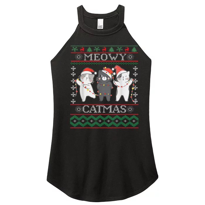 Funny Christmas Cat Matching Family Pajamas Meowy Catmas Women’s Perfect Tri Rocker Tank