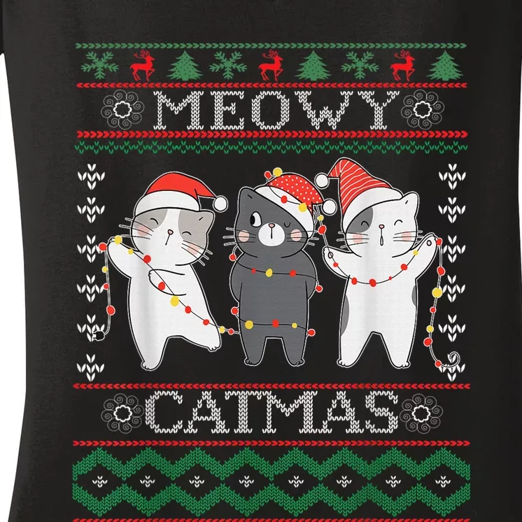 Funny Christmas Cat Matching Family Pajamas Meowy Catmas Women's V-Neck T-Shirt