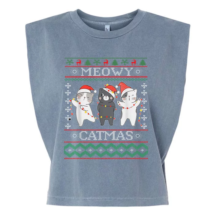 Funny Christmas Cat Matching Family Pajamas Meowy Catmas Garment-Dyed Women's Muscle Tee