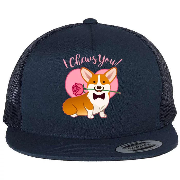 Funny Cute Corgi Valentine I Chews You Flat Bill Trucker Hat