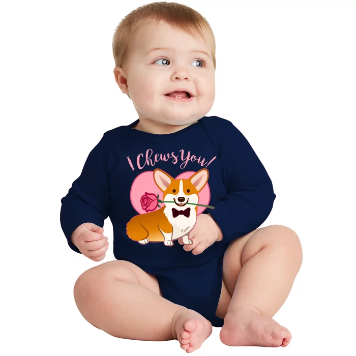 Funny Cute Corgi Valentine I Chews You Baby Long Sleeve Bodysuit