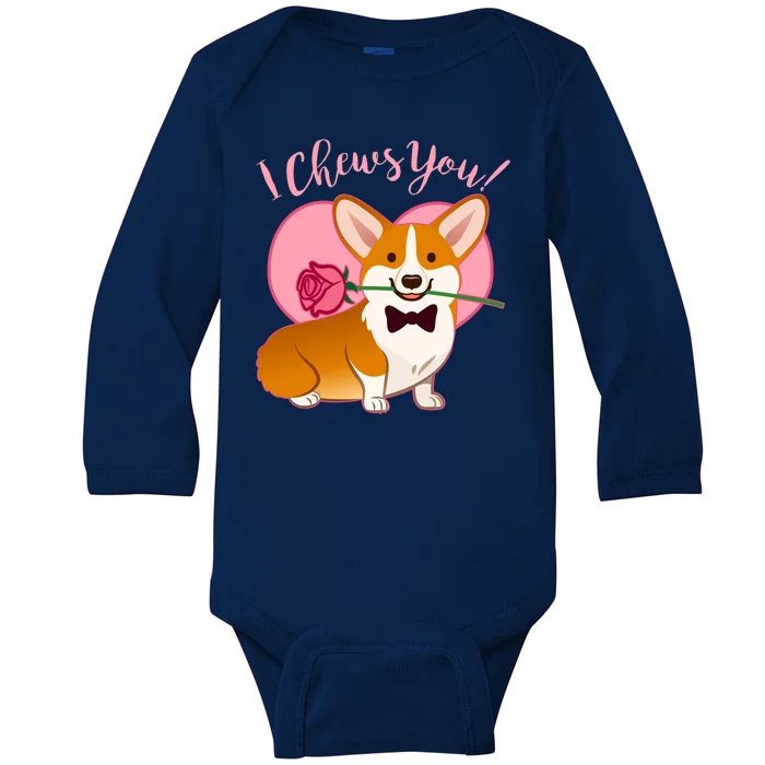 Funny Cute Corgi Valentine I Chews You Baby Long Sleeve Bodysuit