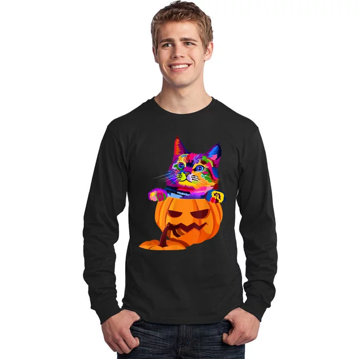 Funny Cute Colorful Cat Halloween Costume Pumpkin Tall Long Sleeve T-Shirt