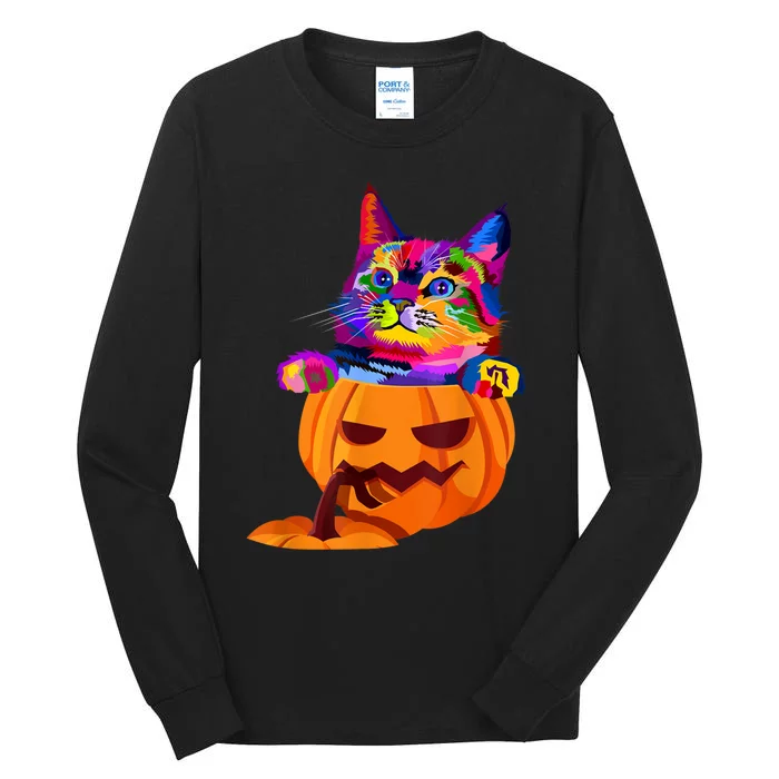 Funny Cute Colorful Cat Halloween Costume Pumpkin Tall Long Sleeve T-Shirt