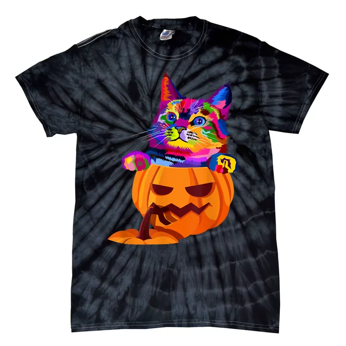 Funny Cute Colorful Cat Halloween Costume Pumpkin Tie-Dye T-Shirt