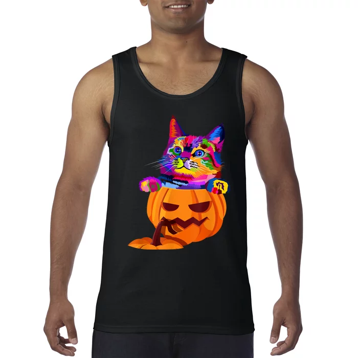 Funny Cute Colorful Cat Halloween Costume Pumpkin Tank Top