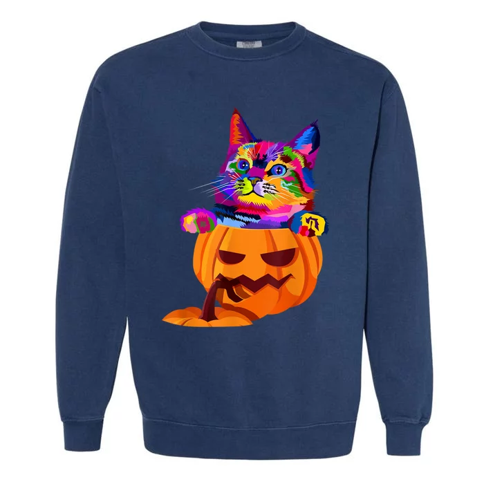 Funny Cute Colorful Cat Halloween Costume Pumpkin Garment-Dyed Sweatshirt