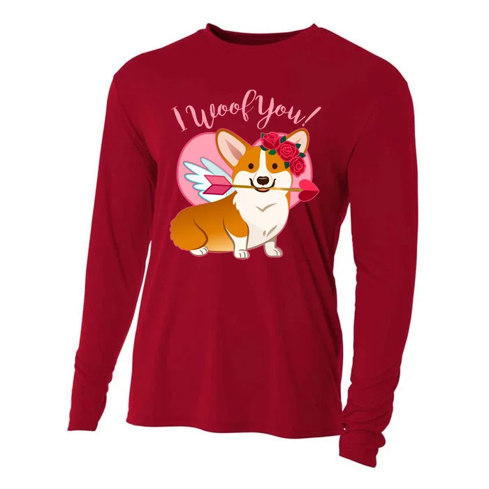 Funny Cute Corgi Valentine I Woof You Cooling Performance Long Sleeve Crew