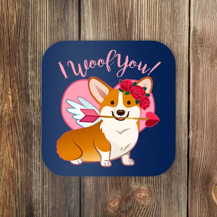 Funny Cute Corgi Valentine I Woof You Coaster