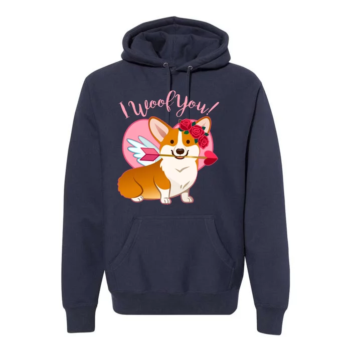 Funny Cute Corgi Valentine I Woof You Premium Hoodie