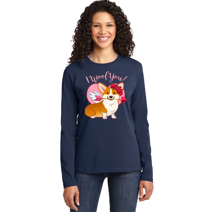 Funny Cute Corgi Valentine I Woof You Ladies Long Sleeve Shirt