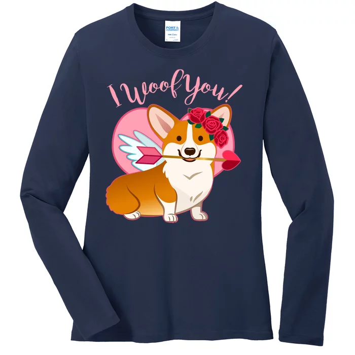 Funny Cute Corgi Valentine I Woof You Ladies Long Sleeve Shirt