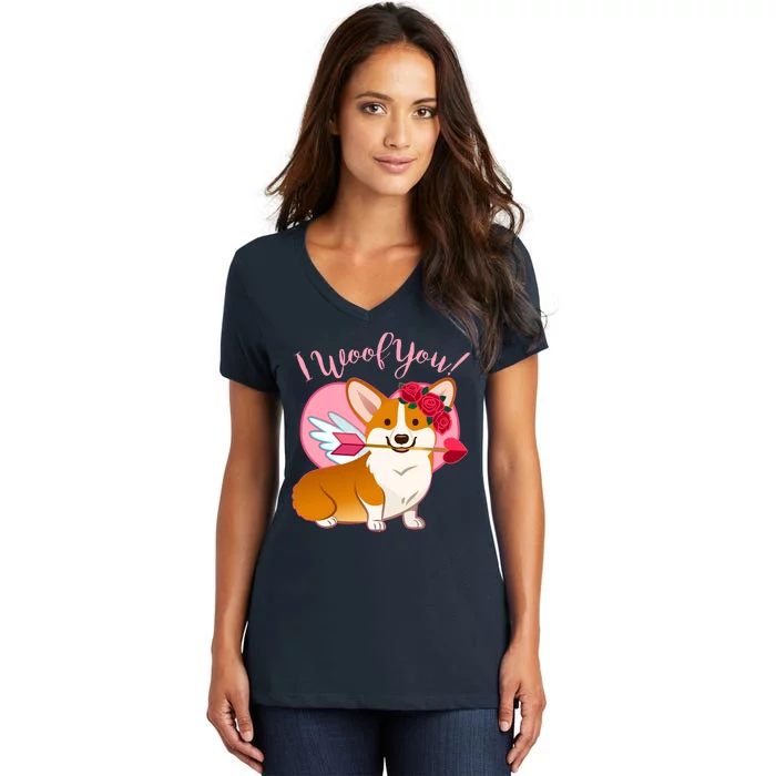 Funny Cute Corgi Valentine I Woof You Women's V-Neck T-Shirt