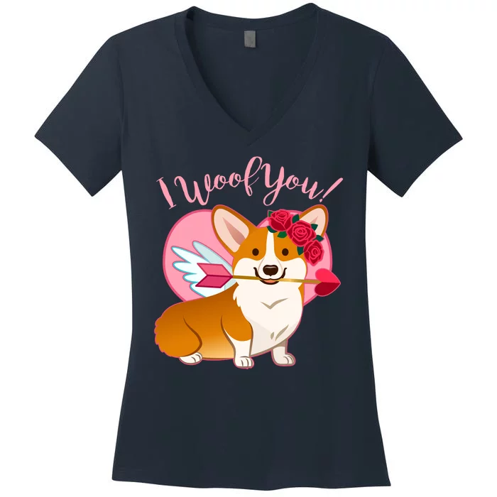 Funny Cute Corgi Valentine I Woof You Women's V-Neck T-Shirt