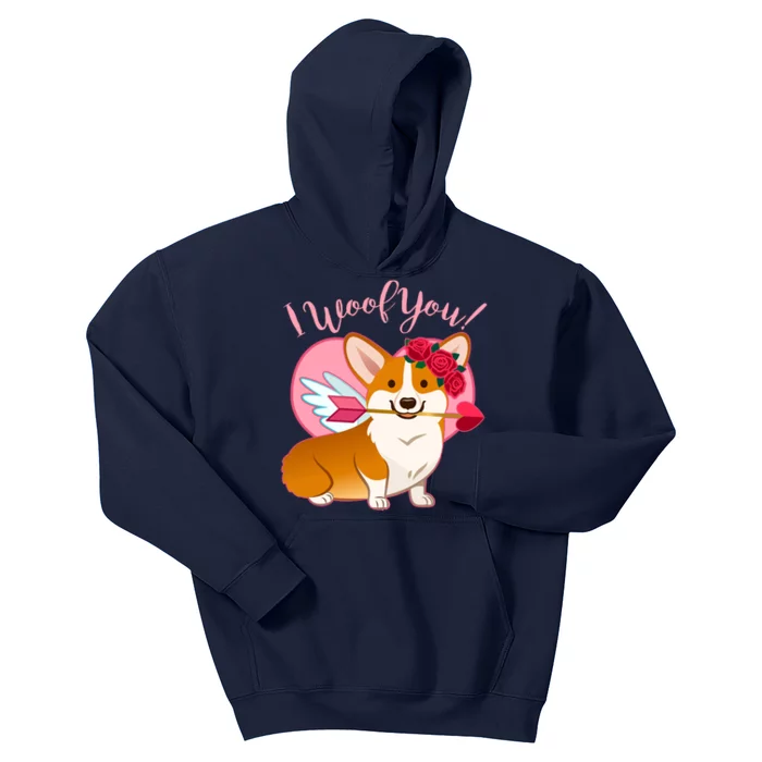 Funny Cute Corgi Valentine I Woof You Kids Hoodie